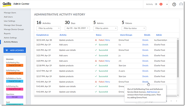 Administrative Activity History