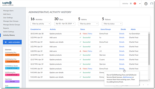 Administrative Activity History