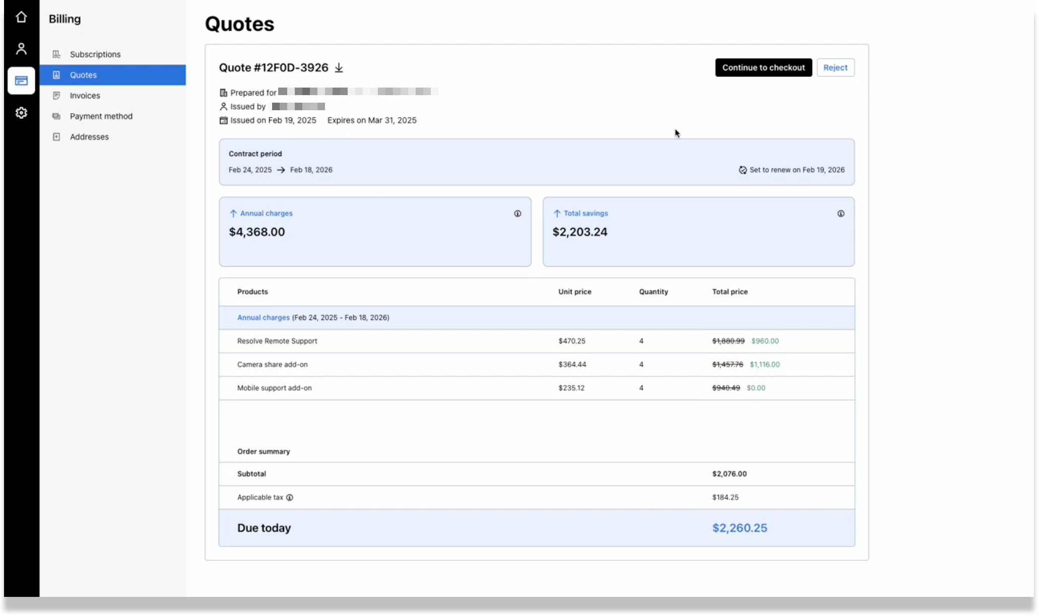 Quotes page in GoTo Admin Billing.