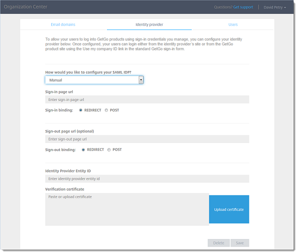 Centre d'organisation – page du fournisseur d'identité