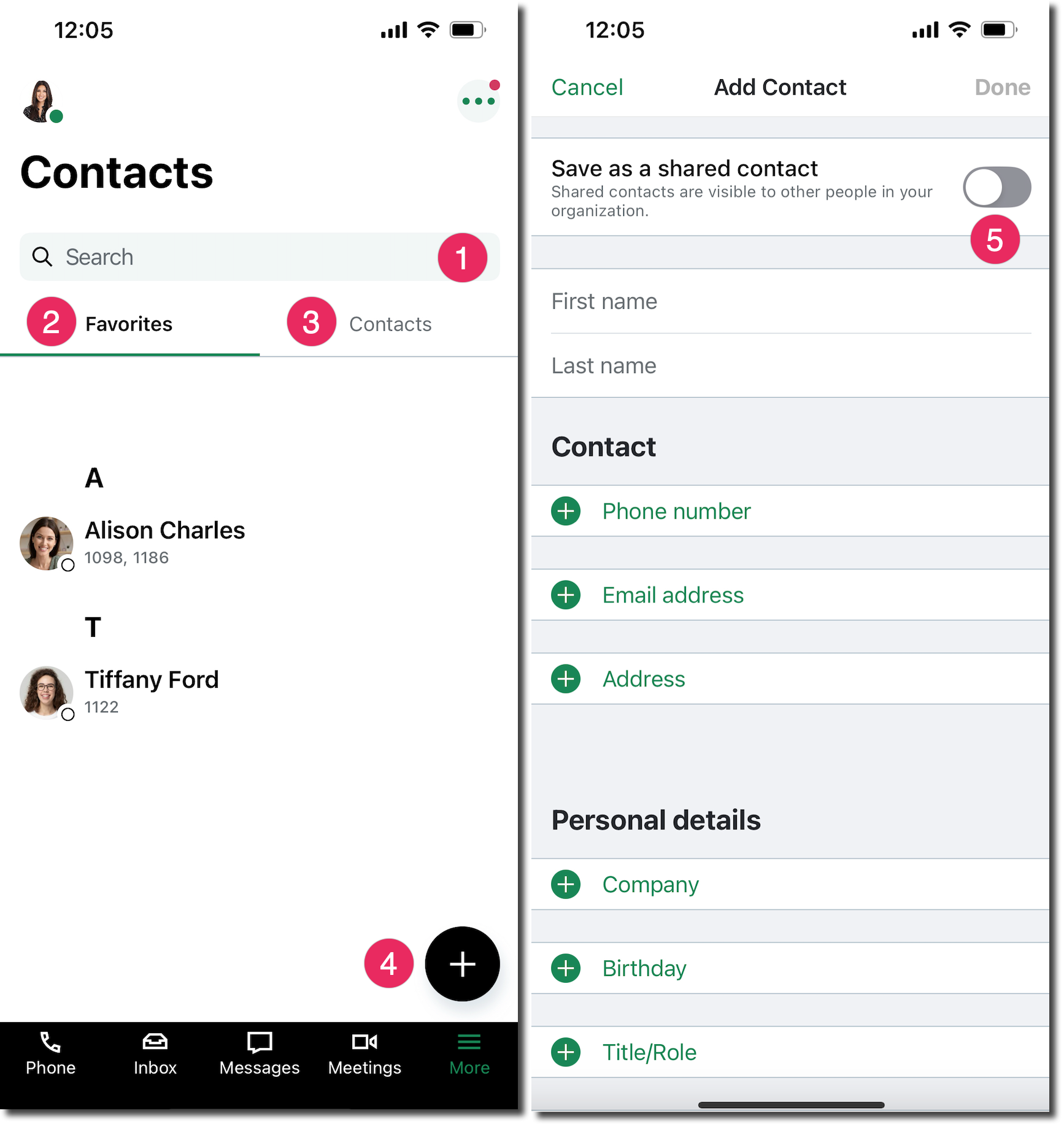 Panoramica della pagina dei contatti nell'app mobile GoTo