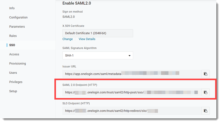Copiar URL do terminal SAML na guia SSO