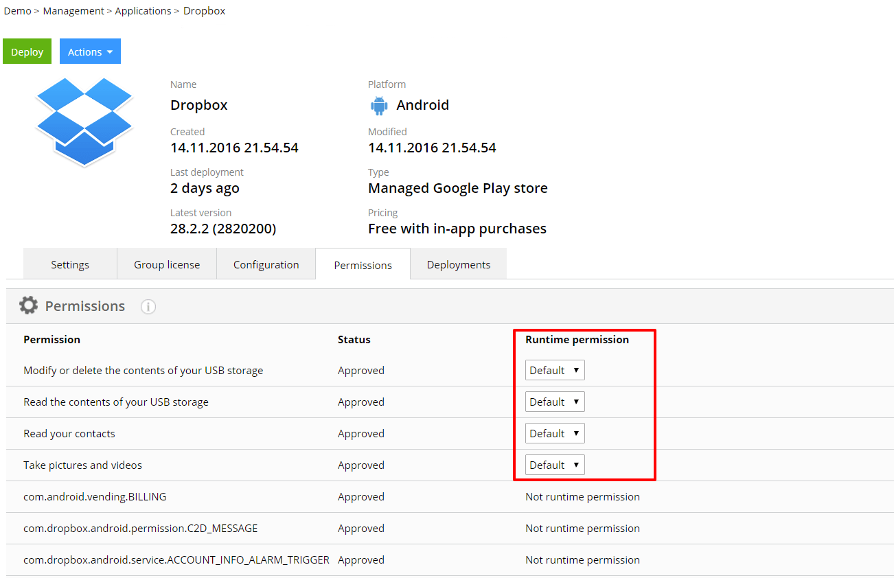 Android app runtime permissions shown for Dropbox on Miradore.