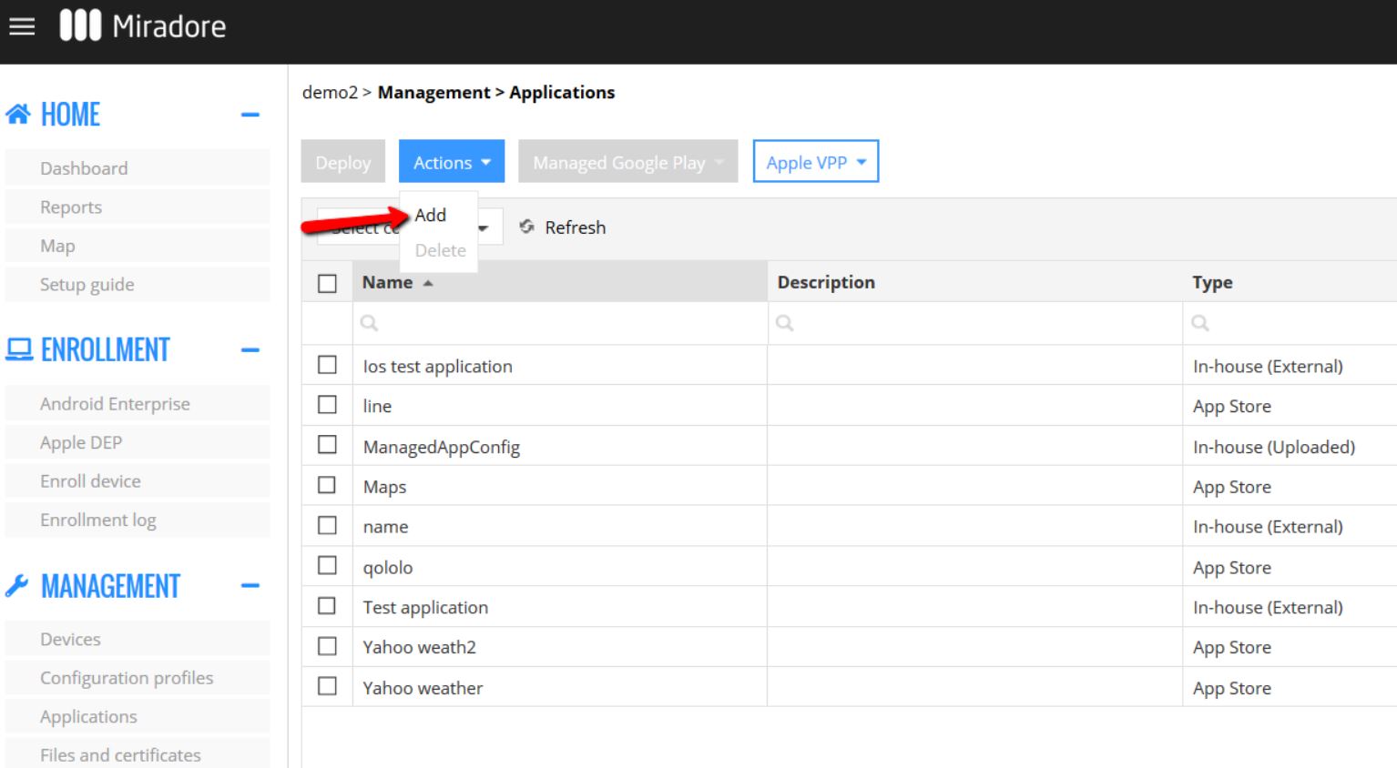 Adding an application in the applications view in Miradore.