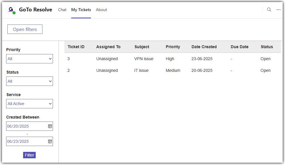 My Tickets in Microsoft Teams
