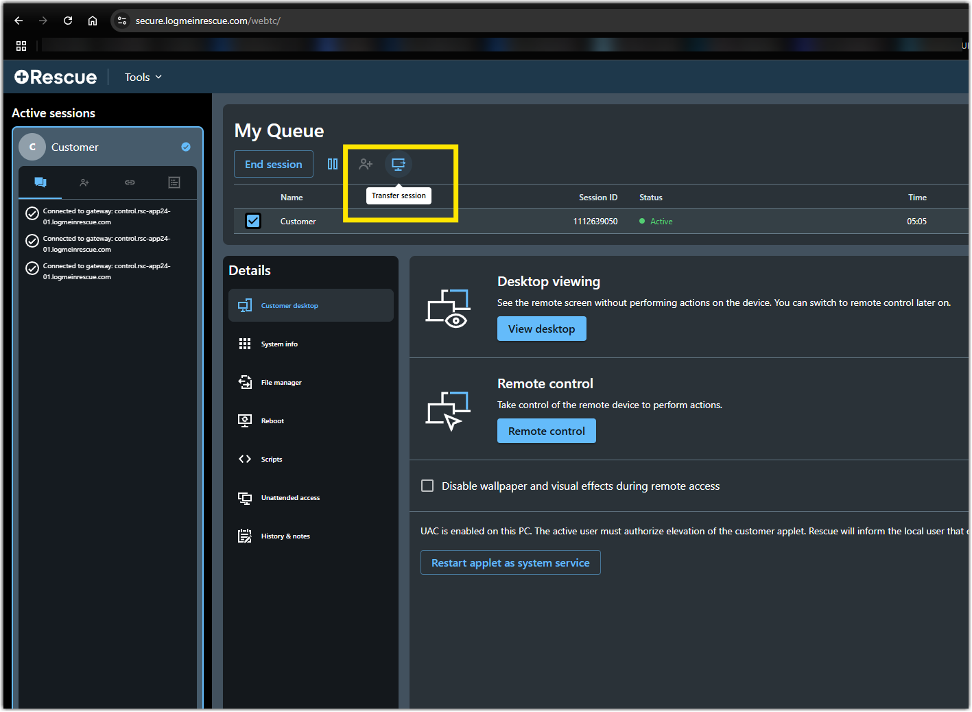 Transferir una sesión en la LogMeIn Rescue Web Technician Console ...