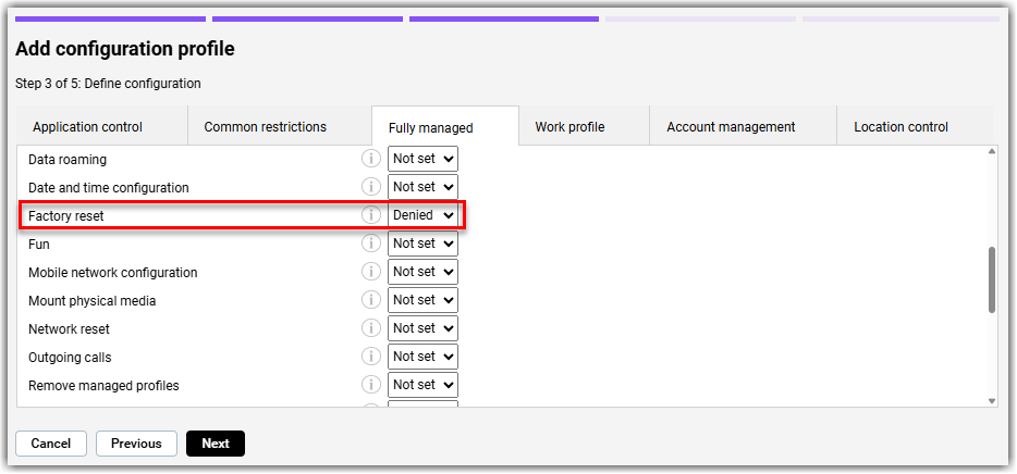 Denying factory reset in the configuration profile wizard