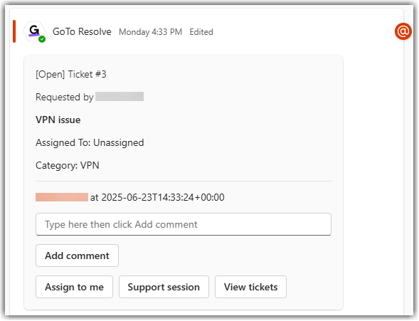 A ticket posted by the GoTo Resolve bot in an agent channel