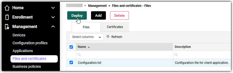 Deploy button on the Files and certificates page